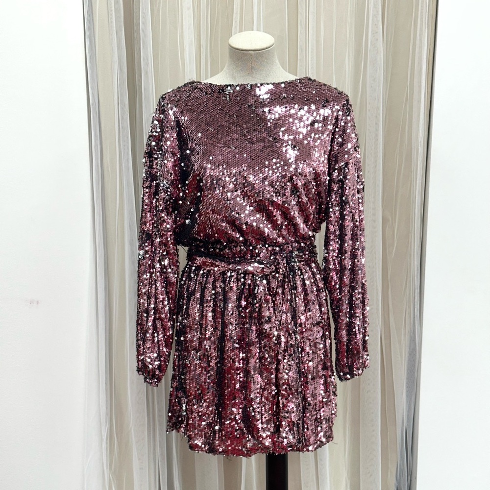 Blouson Pink Sequin along Sleeve Stretchy Mini Holiday Christmas Dress Small